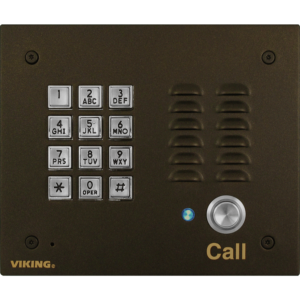 Door entry phone with keypad and bronze finish.