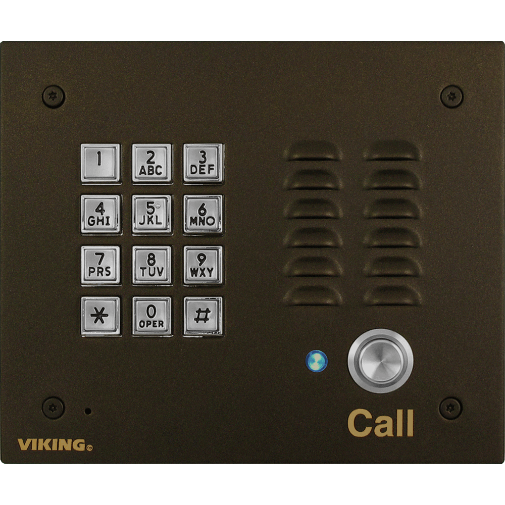 Door entry phone with keypad and bronze finish.