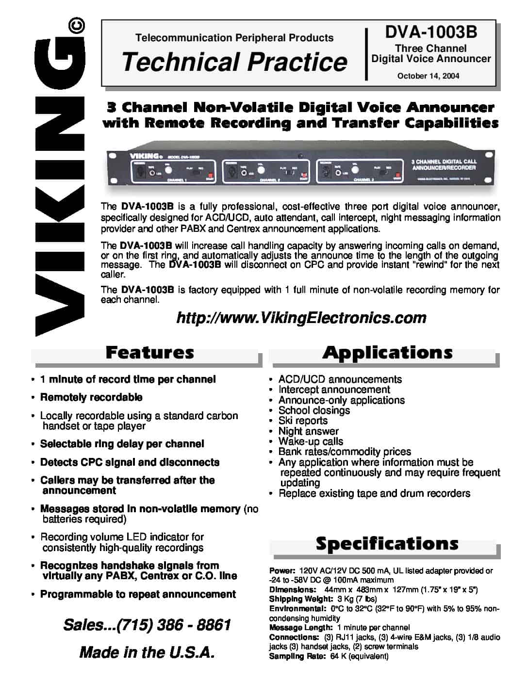 Dva 1003b Product Manual Viking Electronics - 